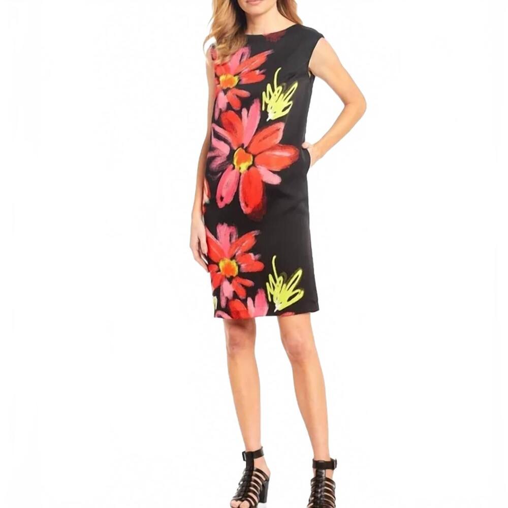 NEW IC COLLECTION vibrant floral sleeveless sheath dress in black multi
